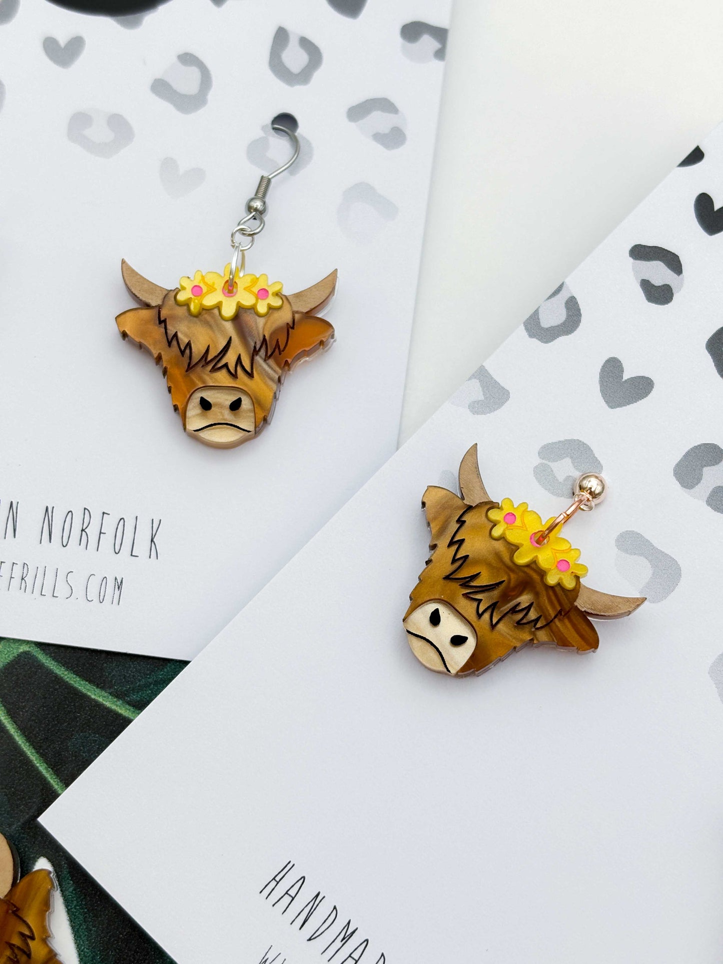 Large Yellow Flower Highland Cow Dangle Earrings or Necklace – Hypoallergenic Stainless Steel
