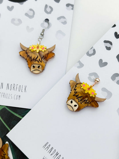 Large Yellow Flower Highland Cow Dangle Earrings or Necklace – Hypoallergenic Stainless Steel