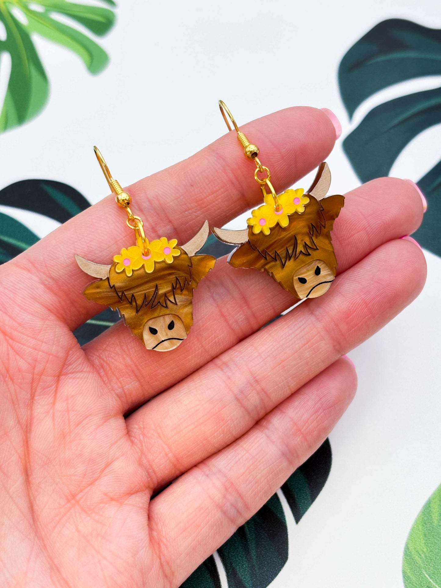 Large Yellow Flower Highland Cow Dangle Earrings or Necklace – Hypoallergenic Stainless Steel