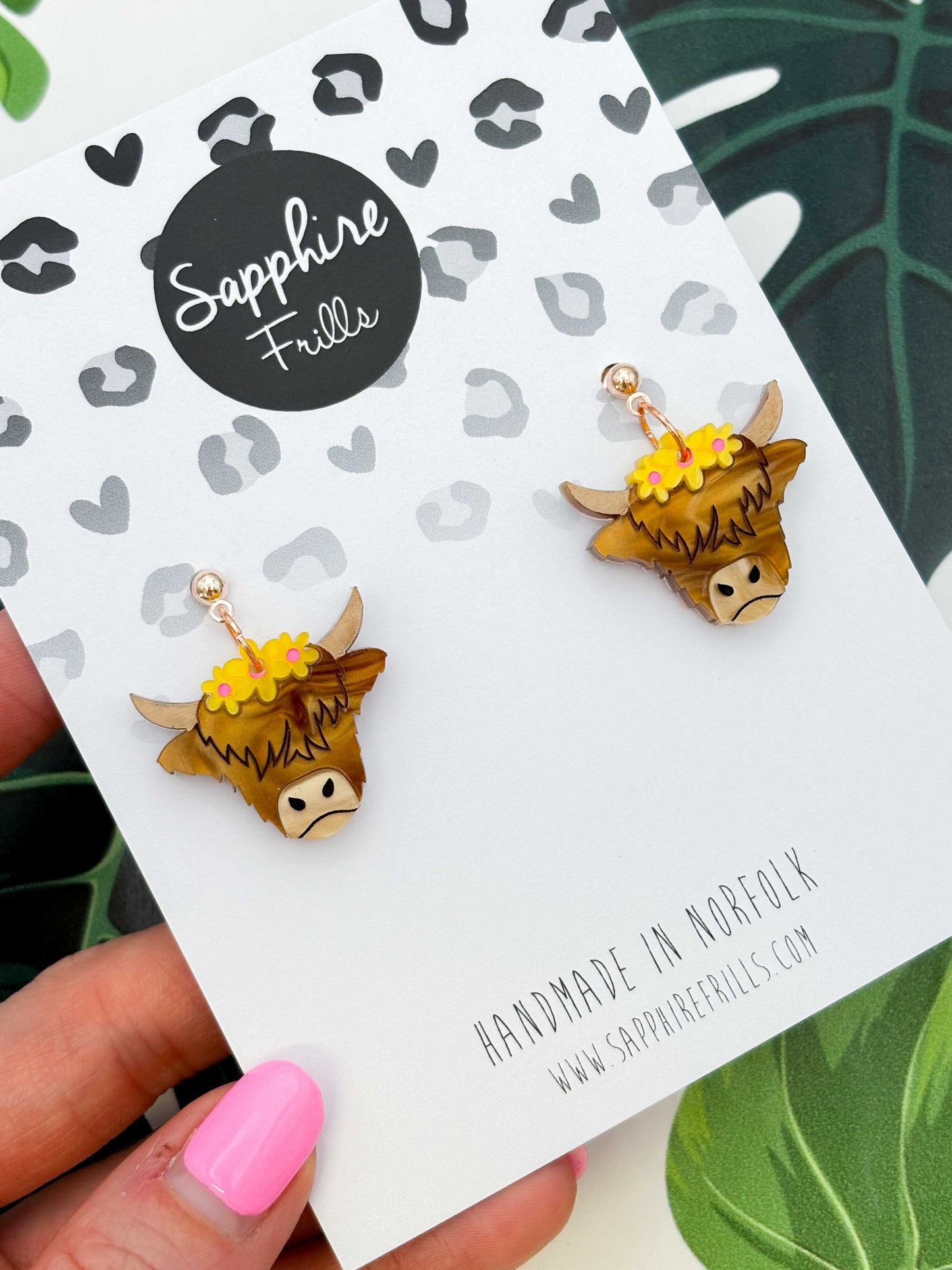 Large Yellow Flower Highland Cow Dangle Earrings or Necklace – Hypoallergenic Stainless Steel