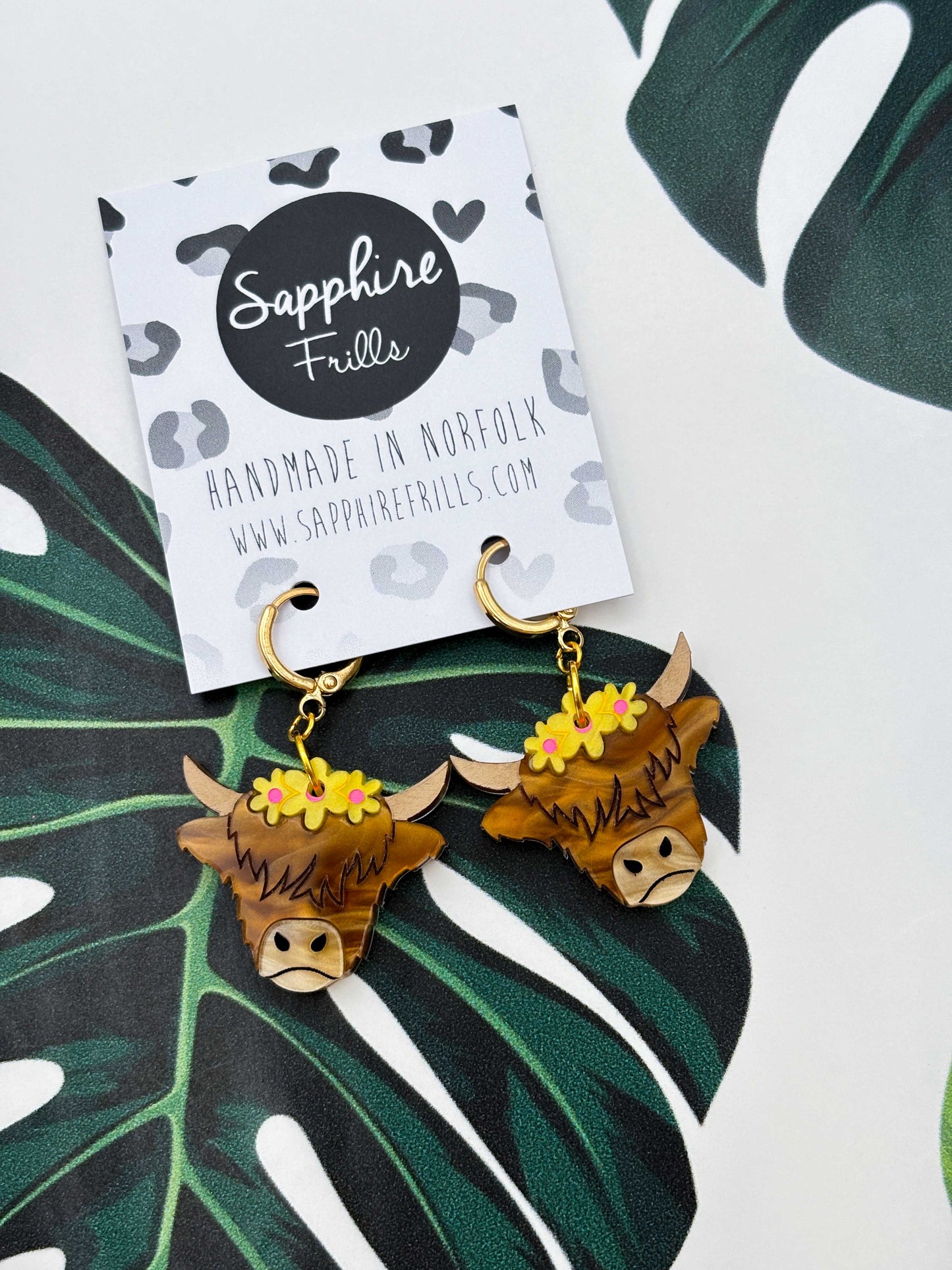 Large Yellow Flower Highland Cow Dangle Earrings or Necklace – Hypoallergenic Stainless Steel