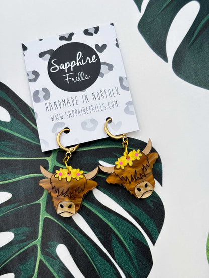 Large Yellow Flower Highland Cow Dangle Earrings or Necklace – Hypoallergenic Stainless Steel