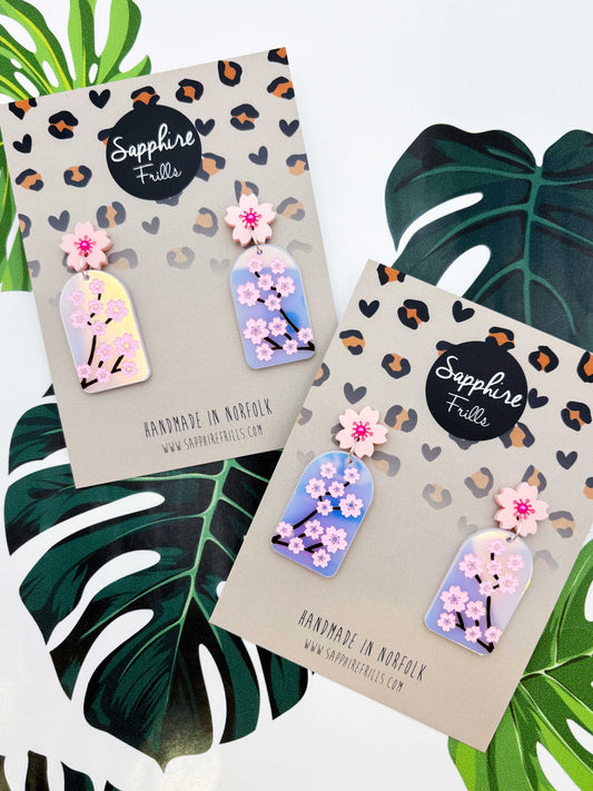 Iridescent Pink Cherry Blossom Statement Dangle Earrings – Hypoallergenic Stainless Steel