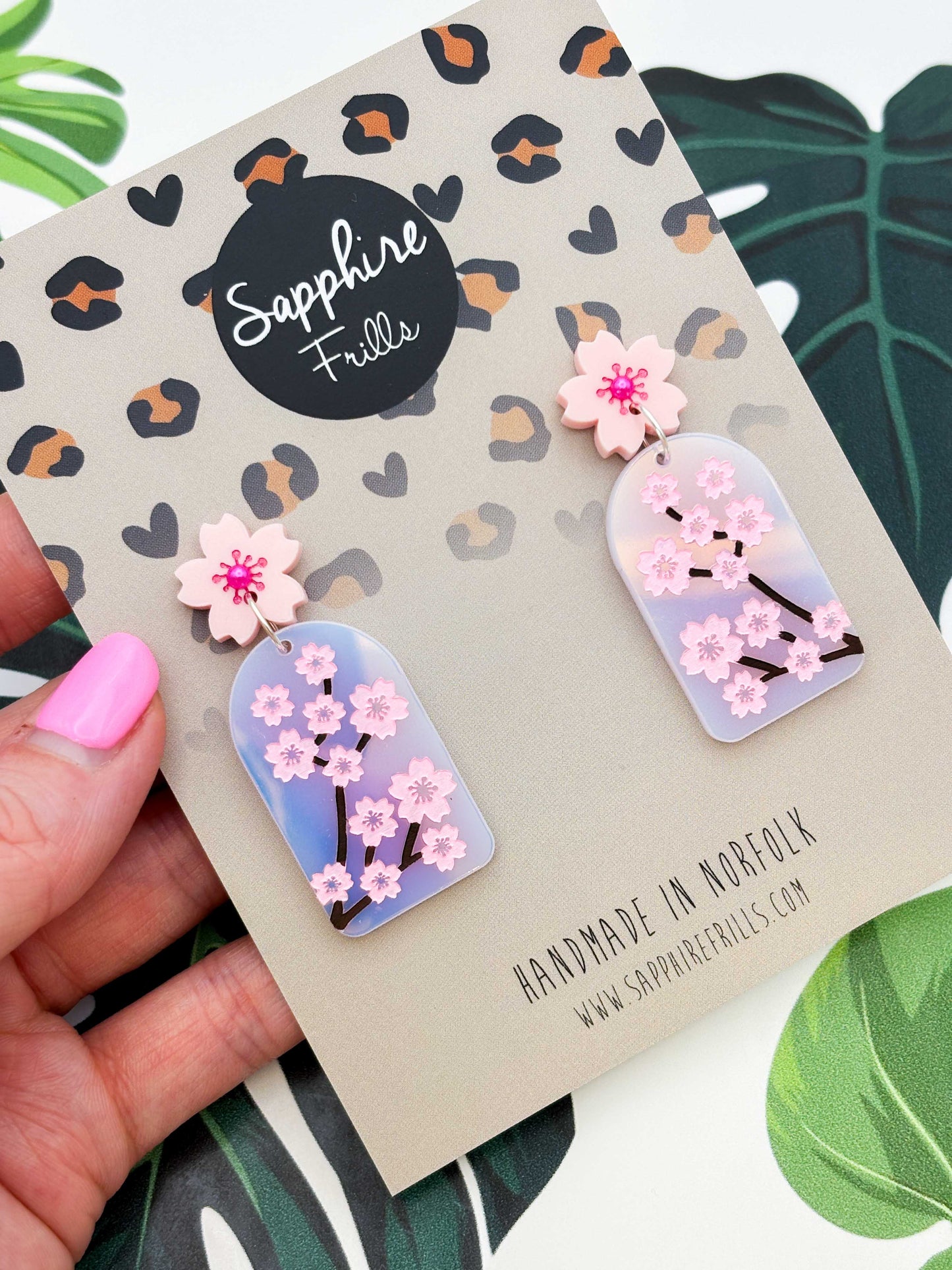 Iridescent Pink Cherry Blossom Statement Dangle Earrings – Hypoallergenic Stainless Steel