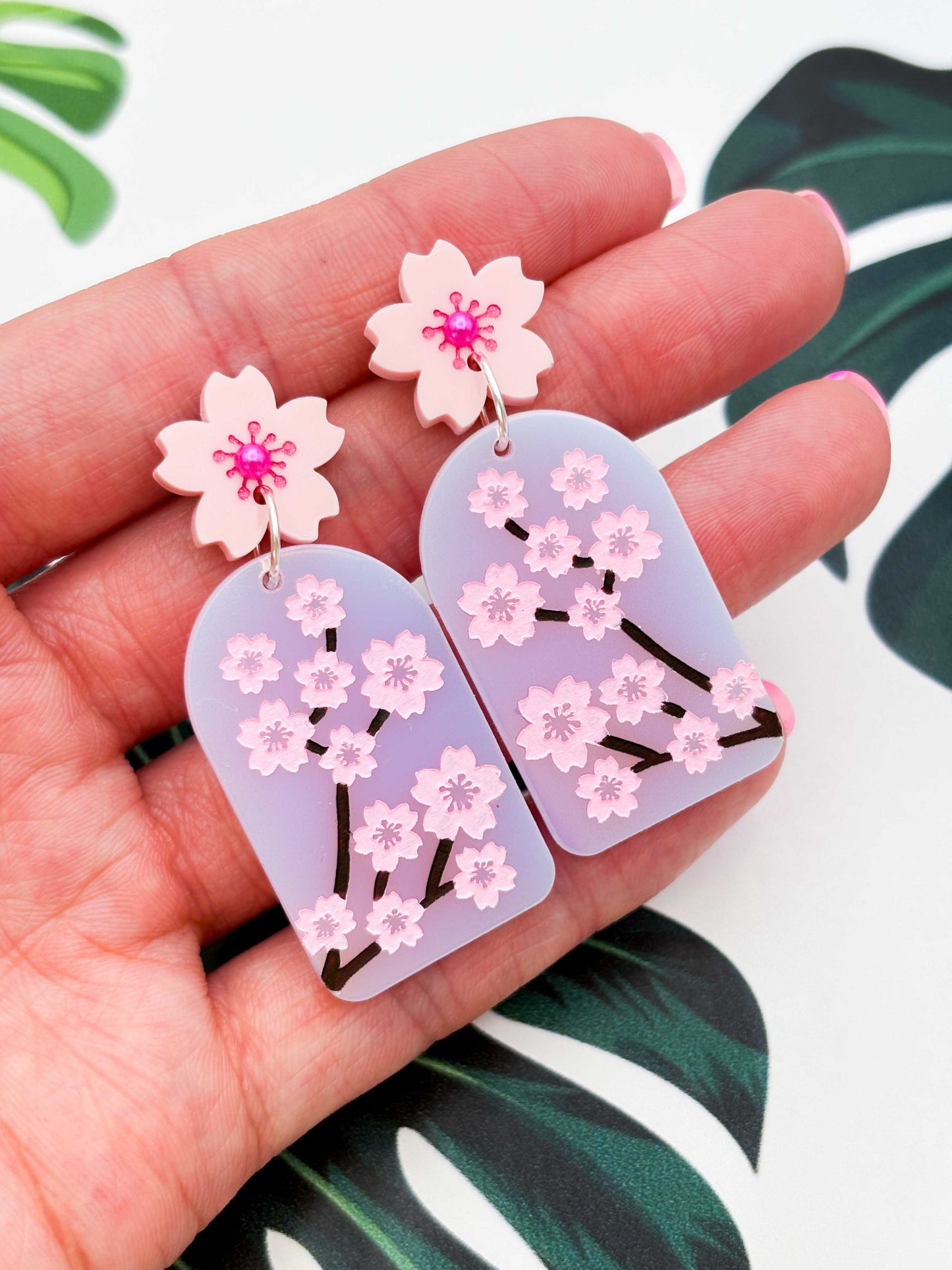Iridescent Pink Cherry Blossom Statement Dangle Earrings – Hypoallergenic Stainless Steel