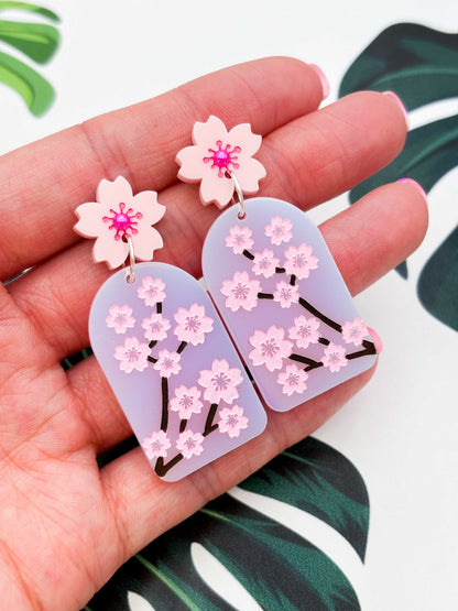 Iridescent Pink Cherry Blossom Statement Dangle Earrings – Hypoallergenic Stainless Steel