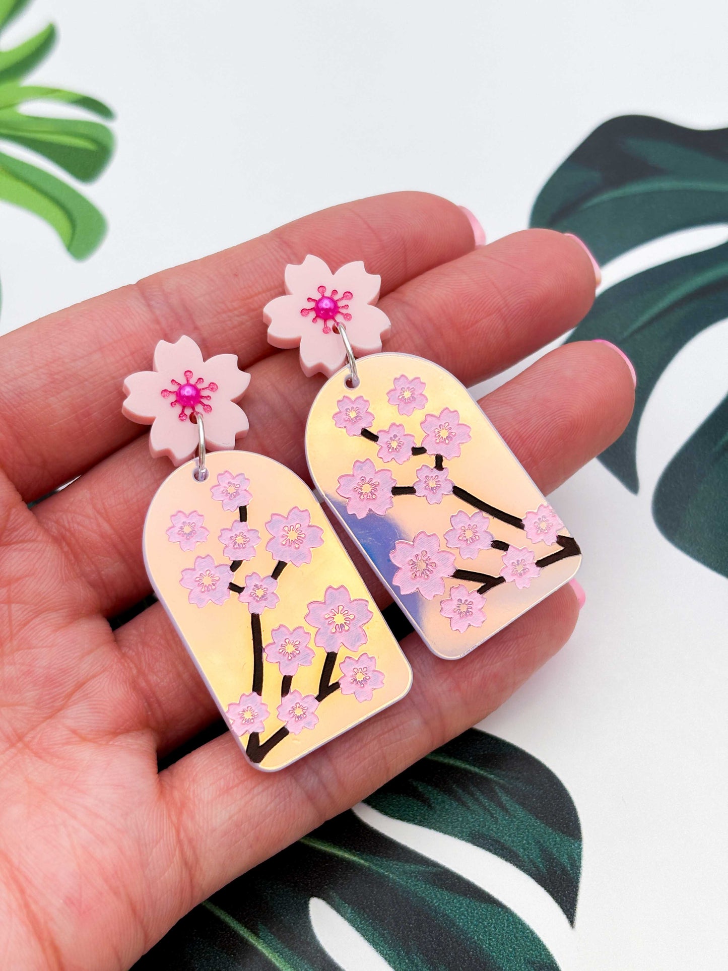 Iridescent Pink Cherry Blossom Statement Dangle Earrings – Hypoallergenic Stainless Steel