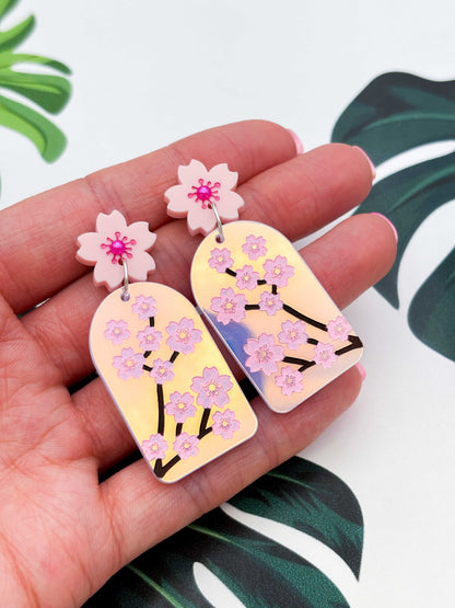 Iridescent Pink Cherry Blossom Statement Dangle Earrings – Hypoallergenic Stainless Steel