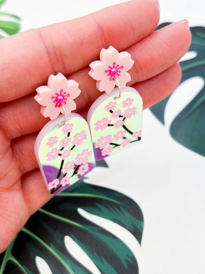 Iridescent Pink Cherry Blossom Statement Dangle Earrings – Hypoallergenic Stainless Steel