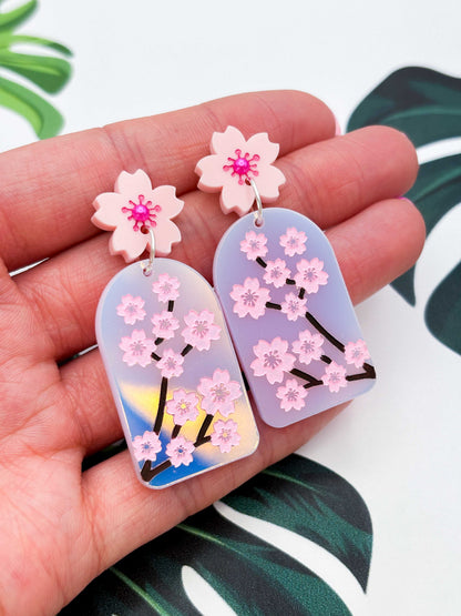 Iridescent Pink Cherry Blossom Statement Dangle Earrings – Hypoallergenic Stainless Steel