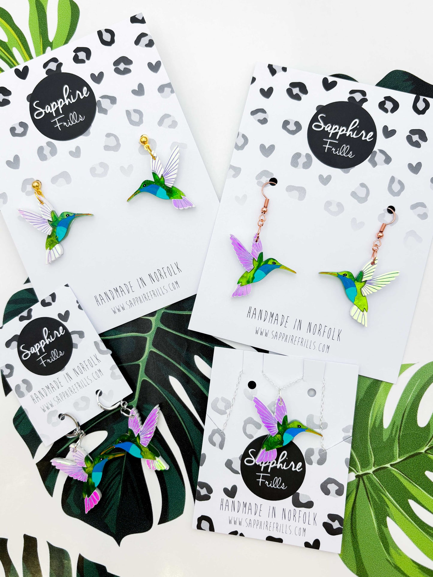 Large Green & Blue Hummingbird with Iridescent Wings Dangle Earrings or Necklace – Hypoallergenic Stainless Steel