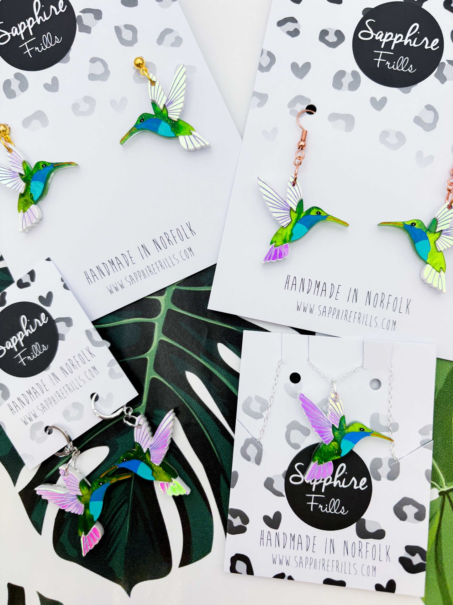 Large Green & Blue Hummingbird with Iridescent Wings Dangle Earrings or Necklace – Hypoallergenic Stainless Steel