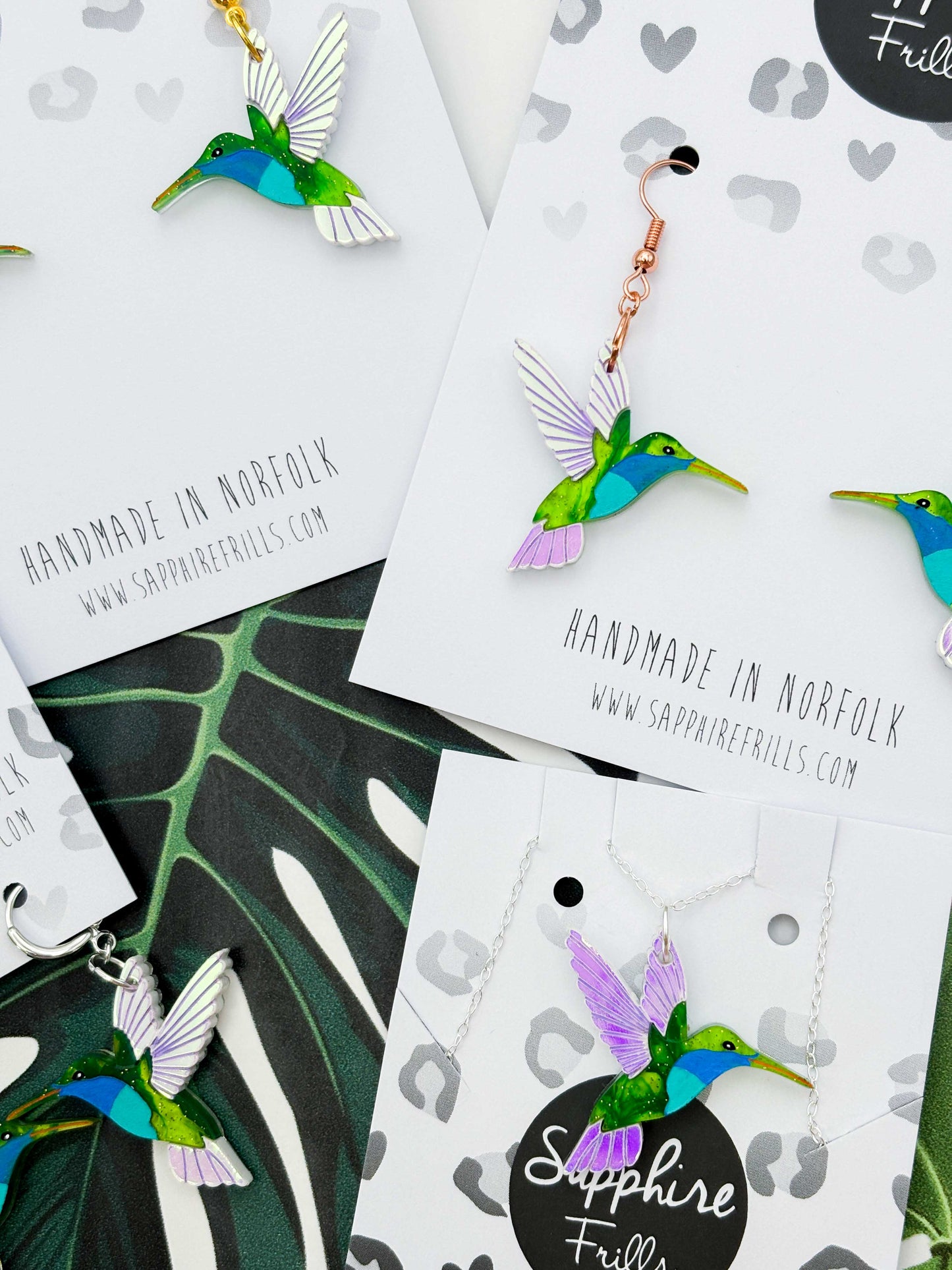 Large Green & Blue Hummingbird with Iridescent Wings Dangle Earrings or Necklace – Hypoallergenic Stainless Steel