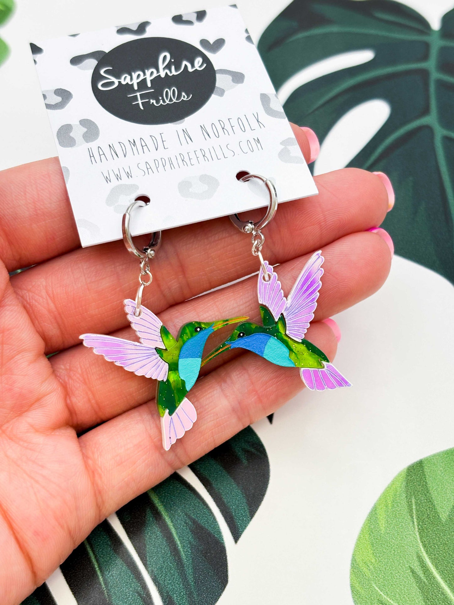 Large Green & Blue Hummingbird with Iridescent Wings Dangle Earrings or Necklace – Hypoallergenic Stainless Steel
