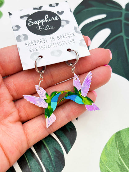 Large Green & Blue Hummingbird with Iridescent Wings Dangle Earrings or Necklace – Hypoallergenic Stainless Steel
