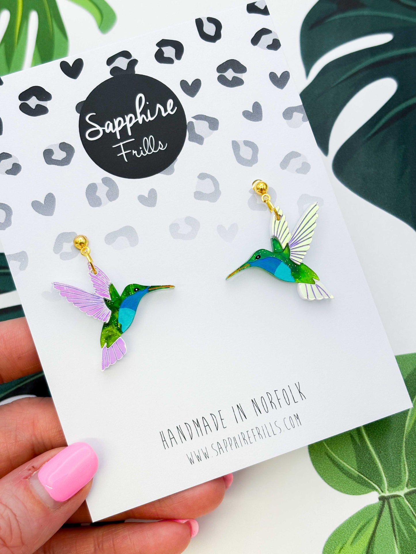 Large Green & Blue Hummingbird with Iridescent Wings Dangle Earrings or Necklace – Hypoallergenic Stainless Steel