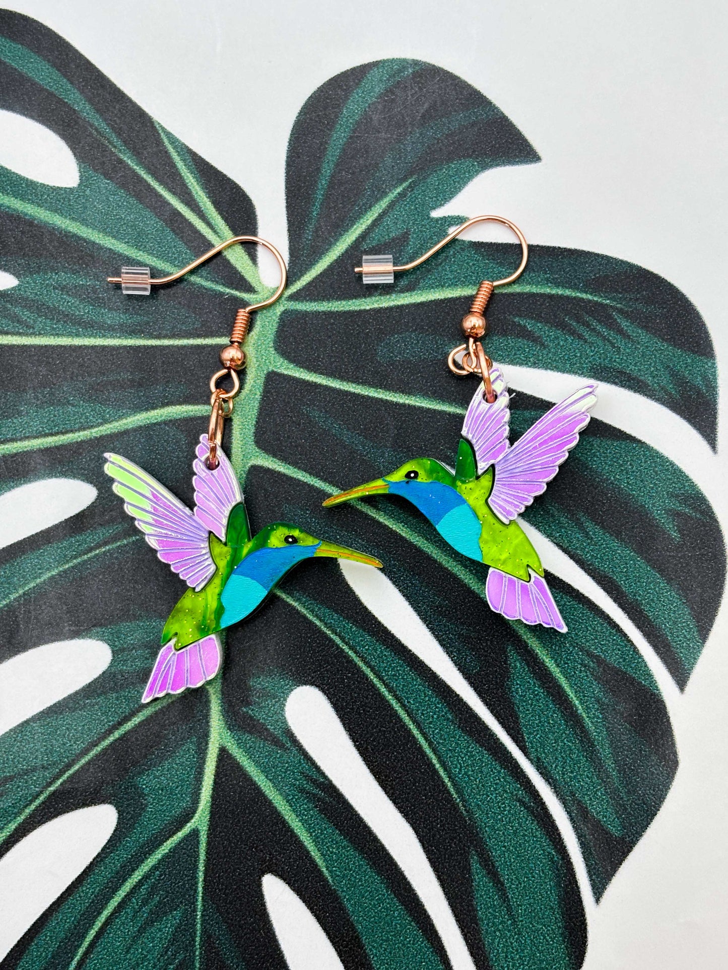 Large Green & Blue Hummingbird with Iridescent Wings Dangle Earrings or Necklace – Hypoallergenic Stainless Steel