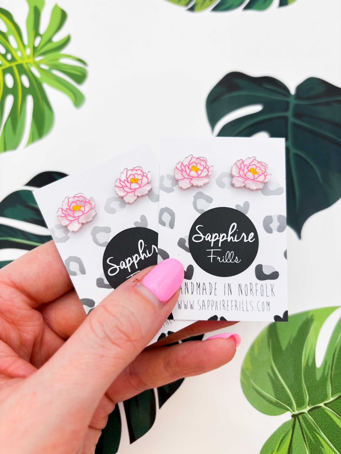 Small Pale Pink Marble Peony Stud Earrings – Hypoallergenic Stainless Steel