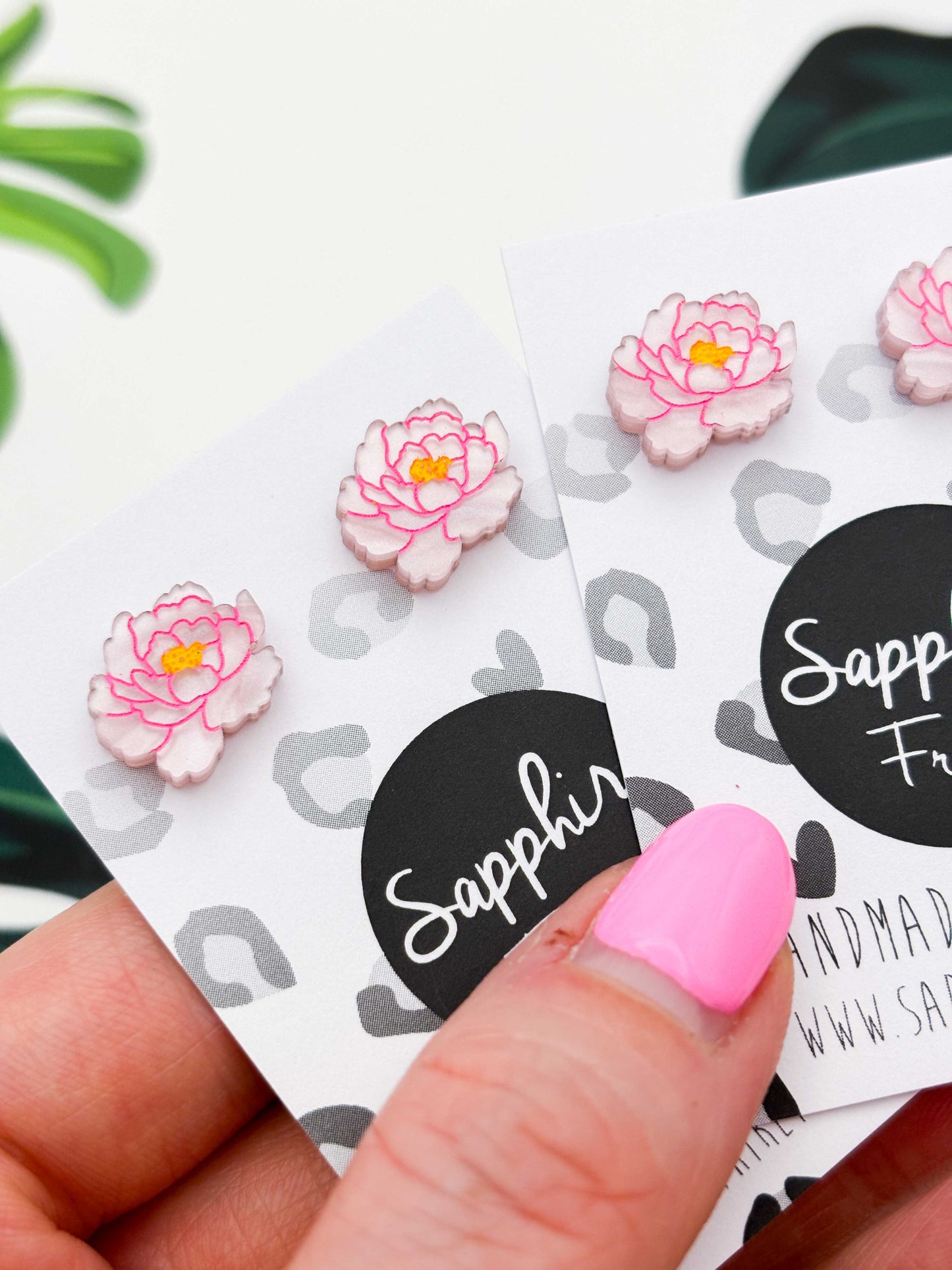 Small Pale Pink Marble Peony Stud Earrings – Hypoallergenic Stainless Steel