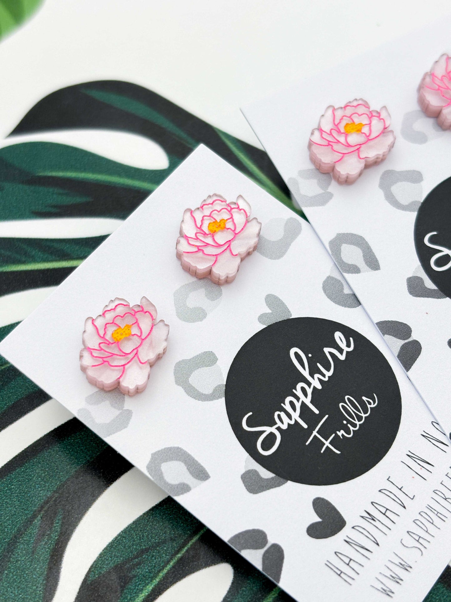Small Pale Pink Marble Peony Stud Earrings – Hypoallergenic Stainless Steel