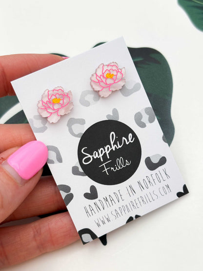 Small Pale Pink Marble Peony Stud Earrings – Hypoallergenic Stainless Steel