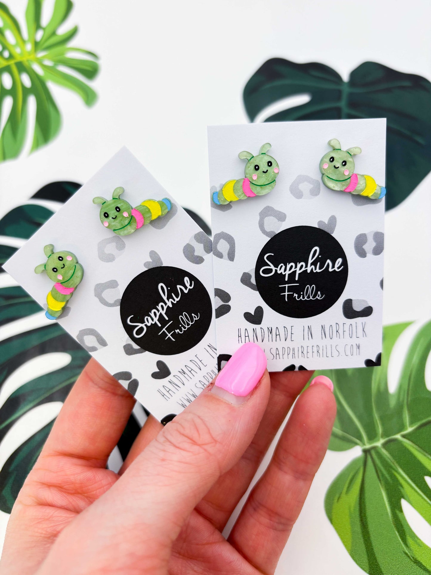 Small Pale Green Glitter Marble Rainbow Caterpillar Stud Earrings – Hypoallergenic Stainless Steel