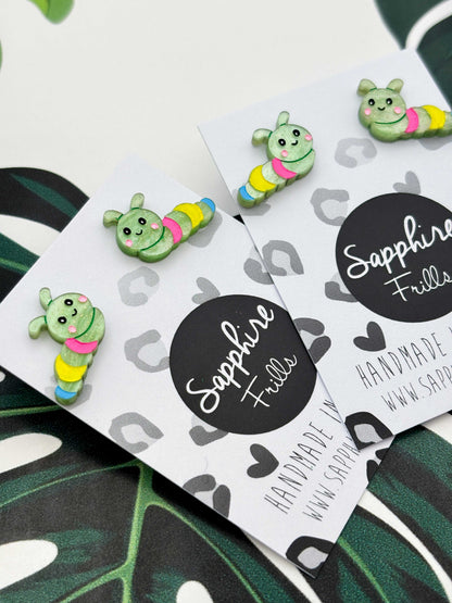 Small Pale Green Glitter Marble Rainbow Caterpillar Stud Earrings – Hypoallergenic Stainless Steel
