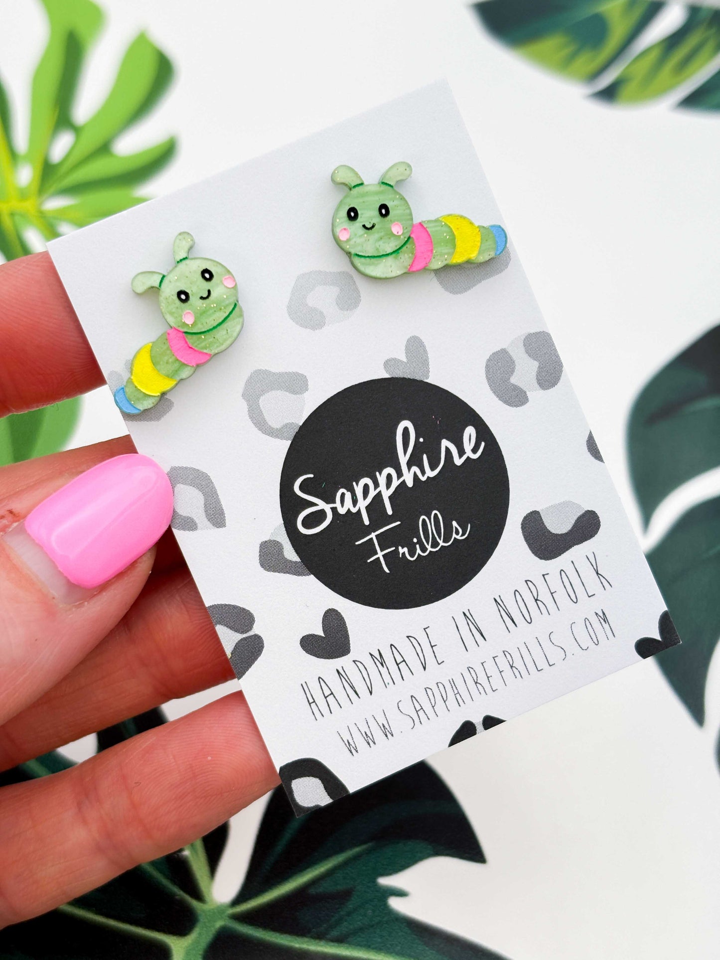 Small Pale Green Glitter Marble Rainbow Caterpillar Stud Earrings – Hypoallergenic Stainless Steel