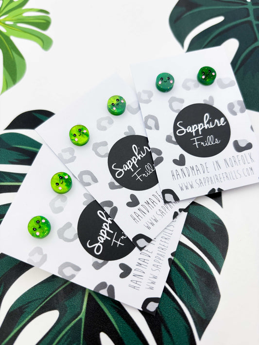 Mini Green Glitter Marble Pea Studs – Hypoallergenic Stainless Steel