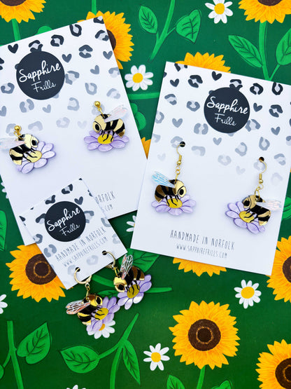 Large Bumble Bee on a Lilac Marble Flower Dangle Earrings or Necklace – Hypoallergenic Stainless Steel