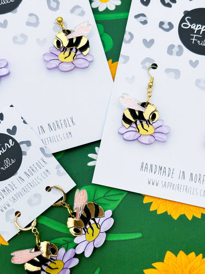 Large Bumble Bee on a Lilac Marble Flower Dangle Earrings or Necklace – Hypoallergenic Stainless Steel