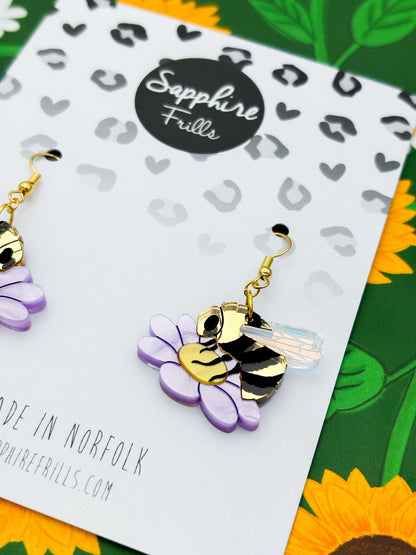 Large Bumble Bee on a Lilac Marble Flower Dangle Earrings or Necklace – Hypoallergenic Stainless Steel