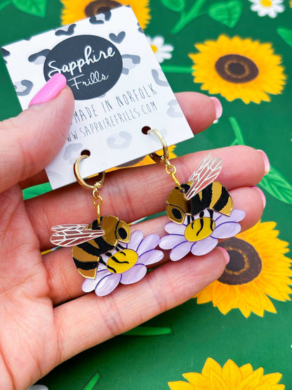 Large Bumble Bee on a Lilac Marble Flower Dangle Earrings or Necklace – Hypoallergenic Stainless Steel