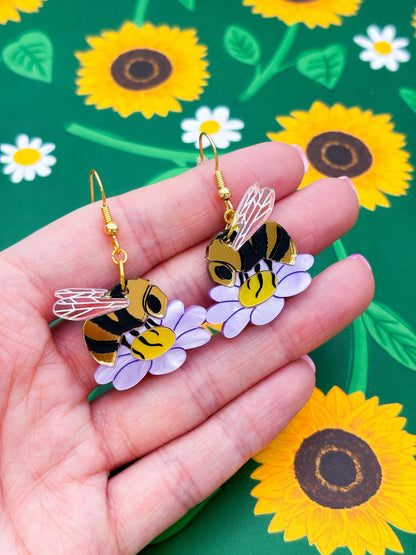 Large Bumble Bee on a Lilac Marble Flower Dangle Earrings or Necklace – Hypoallergenic Stainless Steel