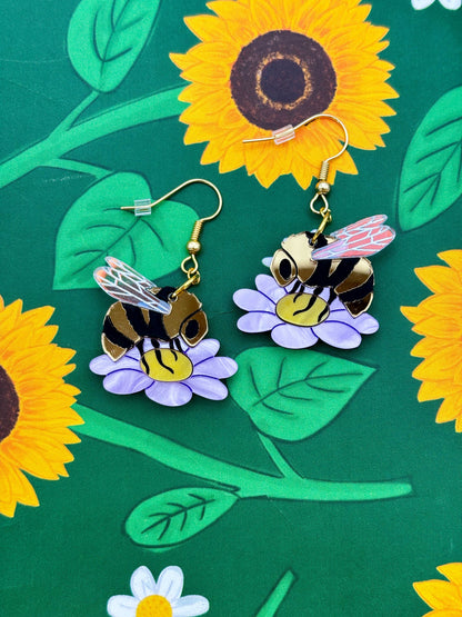 Large Bumble Bee on a Lilac Marble Flower Dangle Earrings or Necklace – Hypoallergenic Stainless Steel