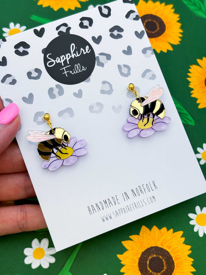 Large Bumble Bee on a Lilac Marble Flower Dangle Earrings or Necklace – Hypoallergenic Stainless Steel