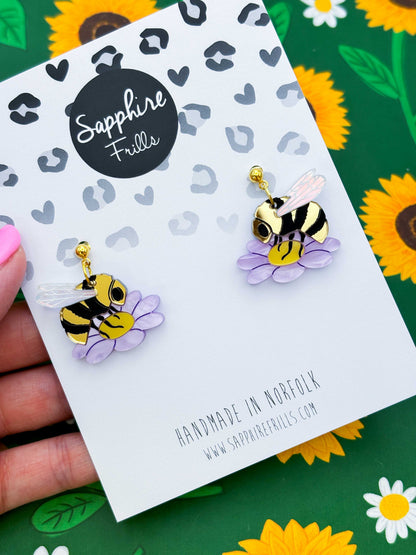 Large Bumble Bee on a Lilac Marble Flower Dangle Earrings or Necklace – Hypoallergenic Stainless Steel
