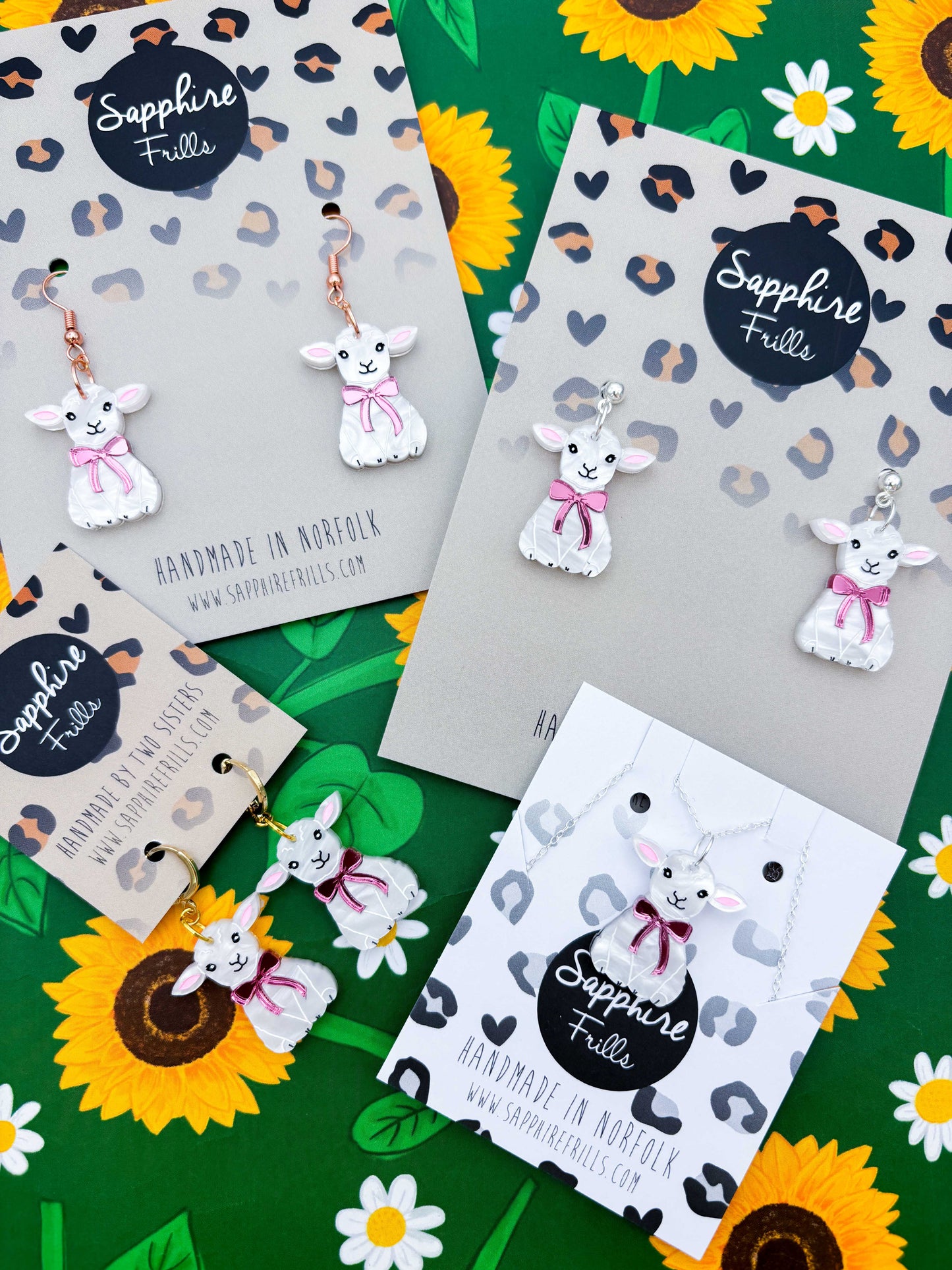 Large White Marble Lamb With Pink Bow Dangle Earrings or Necklace – Hypoallergenic Stainless Steel