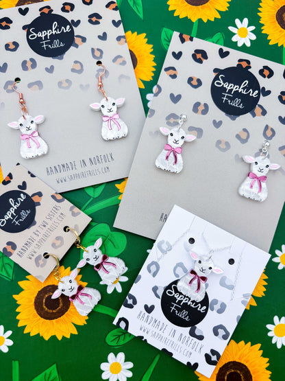Large White Marble Lamb With Pink Bow Dangle Earrings or Necklace – Hypoallergenic Stainless Steel