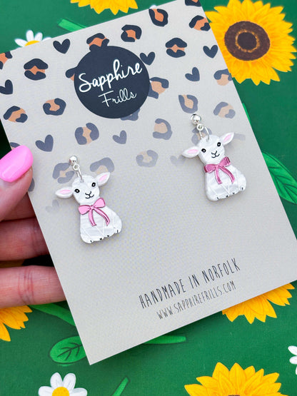 Large White Marble Lamb With Pink Bow Dangle Earrings or Necklace – Hypoallergenic Stainless Steel