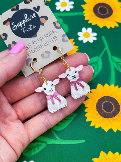 Large White Marble Lamb With Pink Bow Dangle Earrings or Necklace – Hypoallergenic Stainless Steel