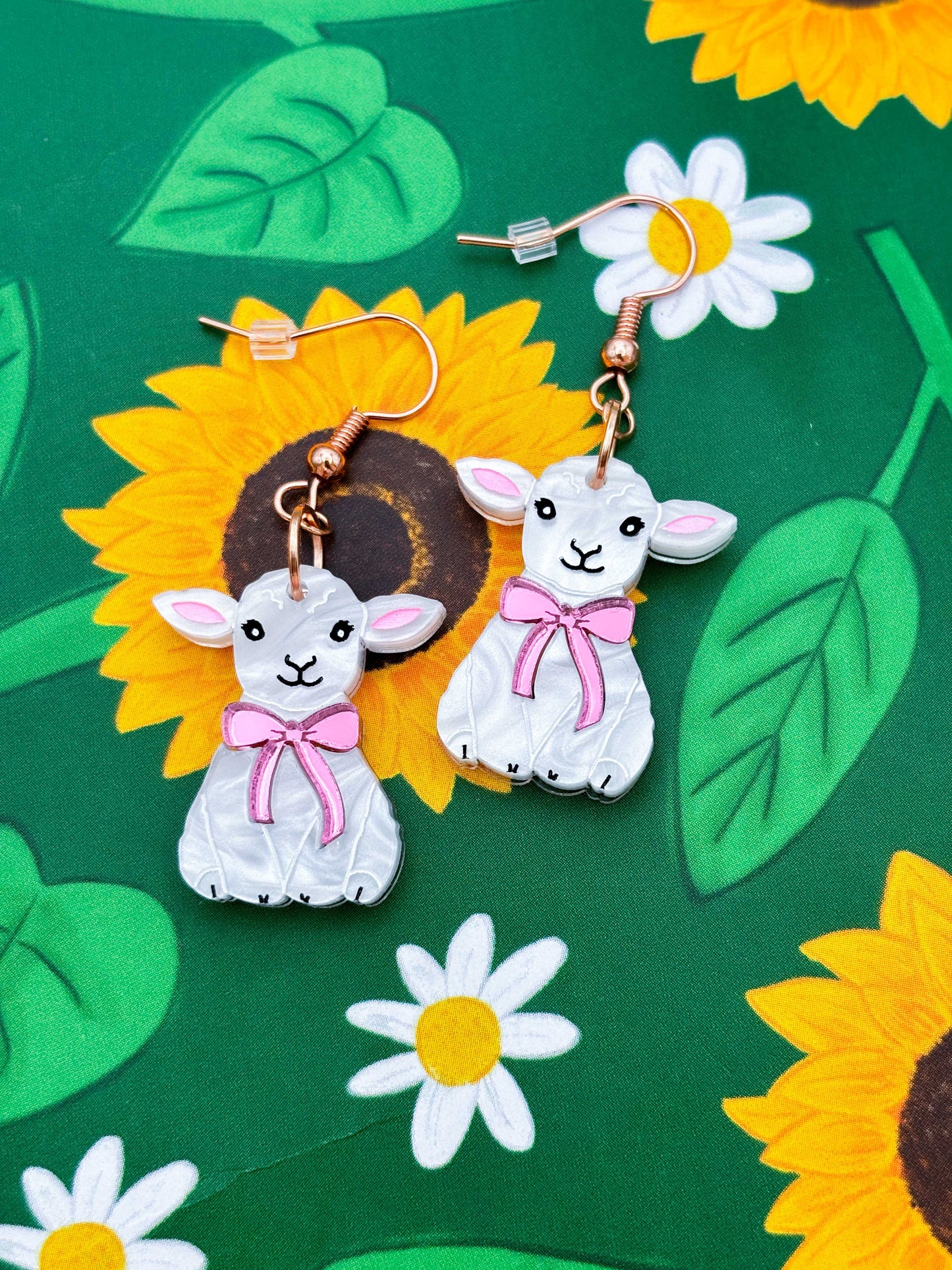 Large White Marble Lamb With Pink Bow Dangle Earrings or Necklace – Hypoallergenic Stainless Steel