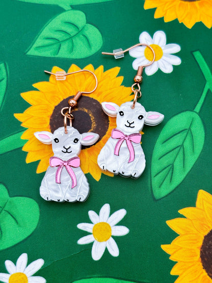Large White Marble Lamb With Pink Bow Dangle Earrings or Necklace – Hypoallergenic Stainless Steel