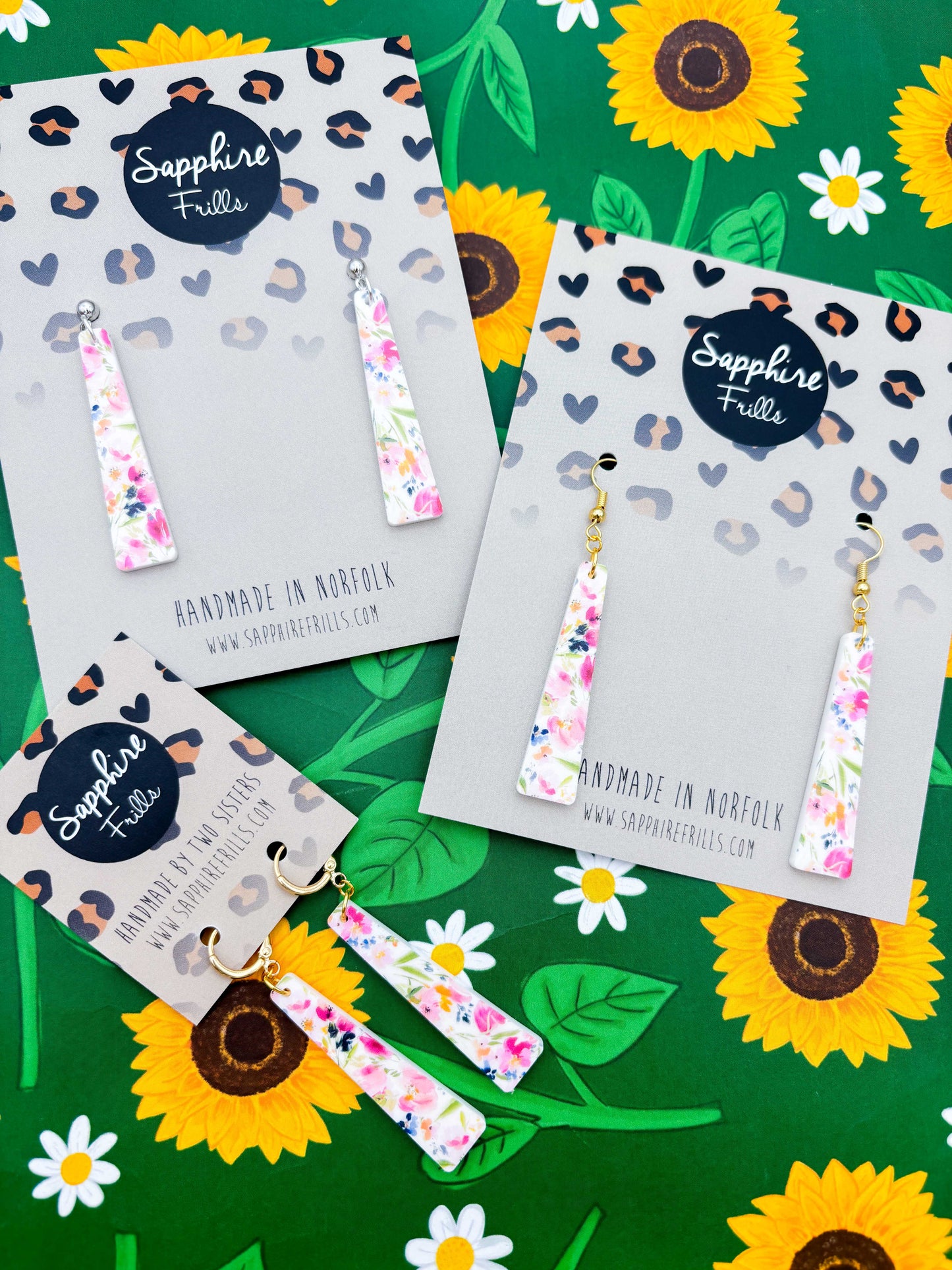 Large Floral Print Trapeze Dangle Earrings or Necklace – Hypoallergenic Stainless Steel