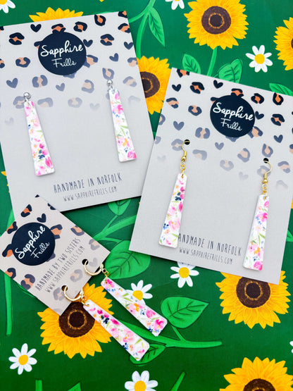 Large Floral Print Trapeze Dangle Earrings or Necklace – Hypoallergenic Stainless Steel