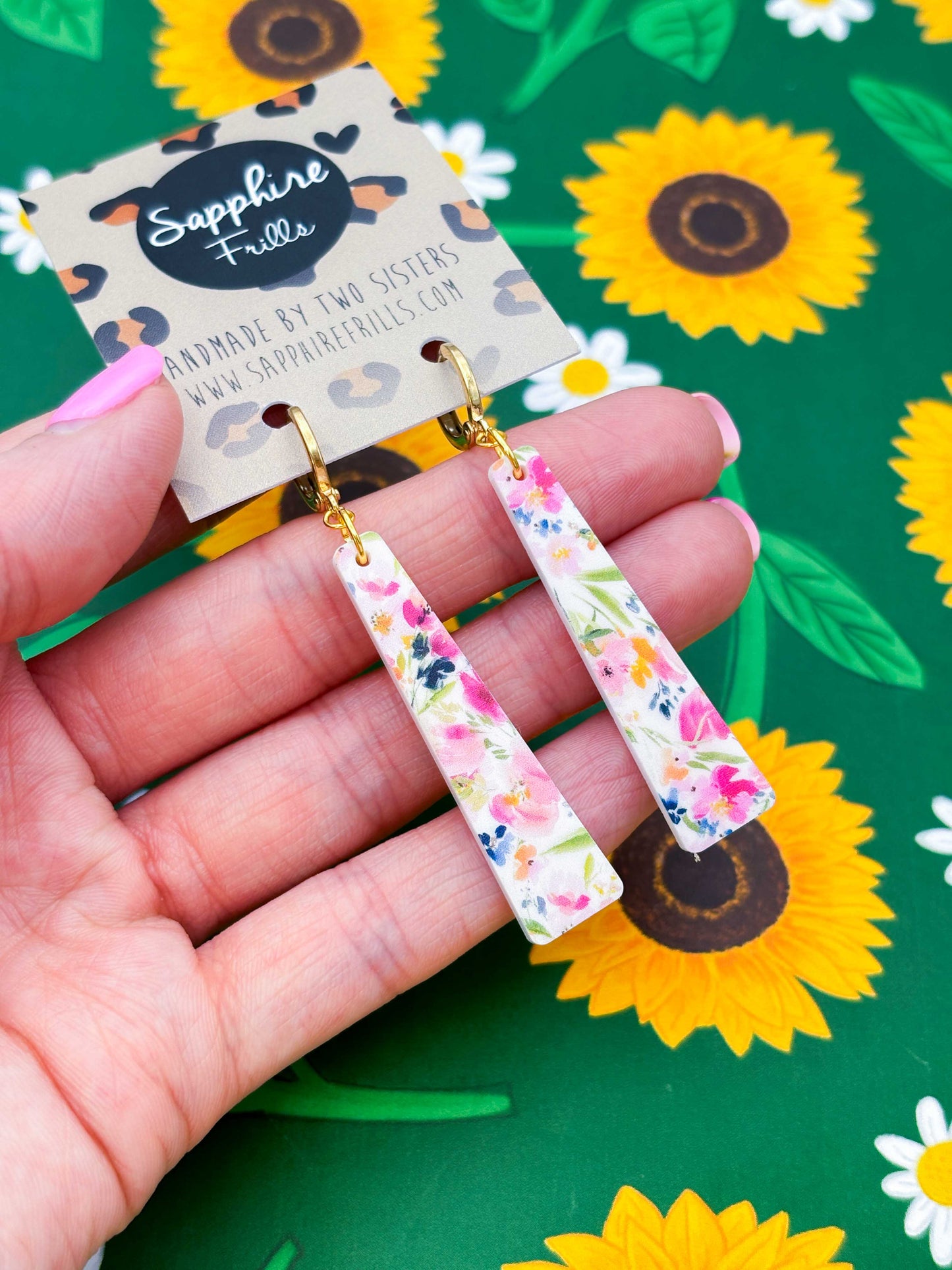 Large Floral Print Trapeze Dangle Earrings or Necklace – Hypoallergenic Stainless Steel
