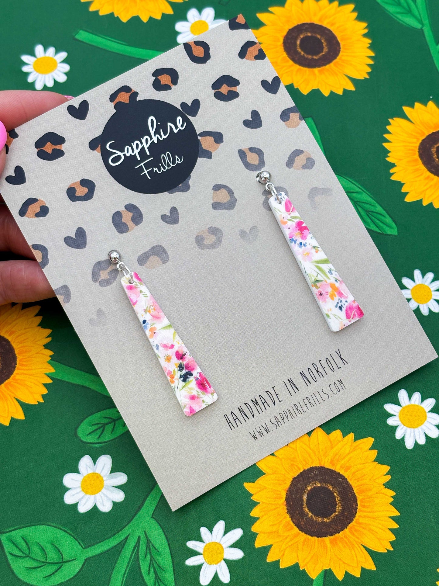 Large Floral Print Trapeze Dangle Earrings or Necklace – Hypoallergenic Stainless Steel