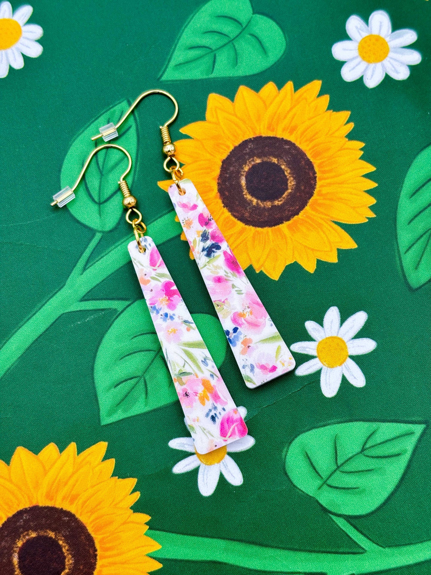 Large Floral Print Trapeze Dangle Earrings or Necklace – Hypoallergenic Stainless Steel