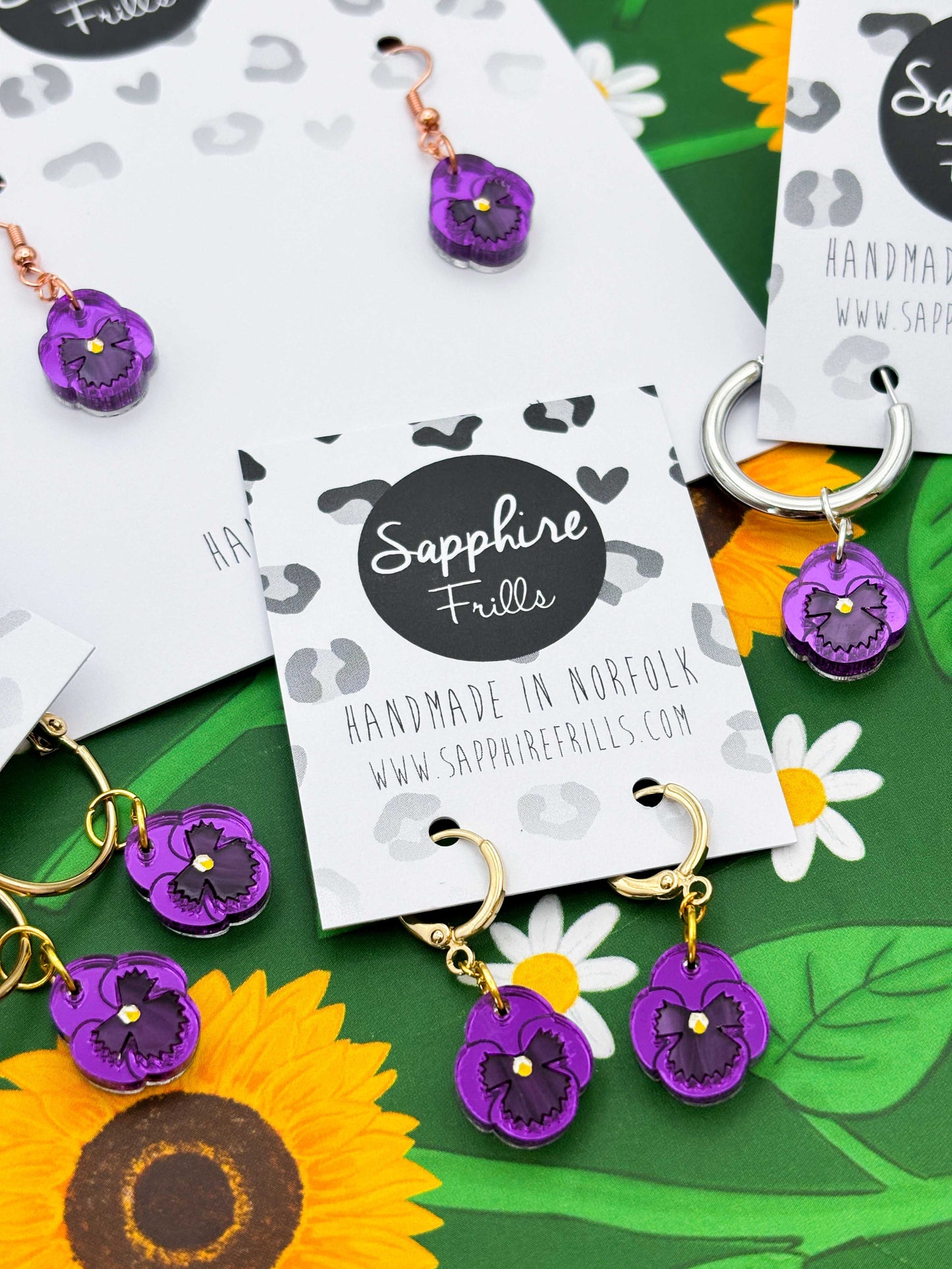 Small Purple Mirror Pansy Dangle Earrings or Necklace – Hypoallergenic Stainless Steel