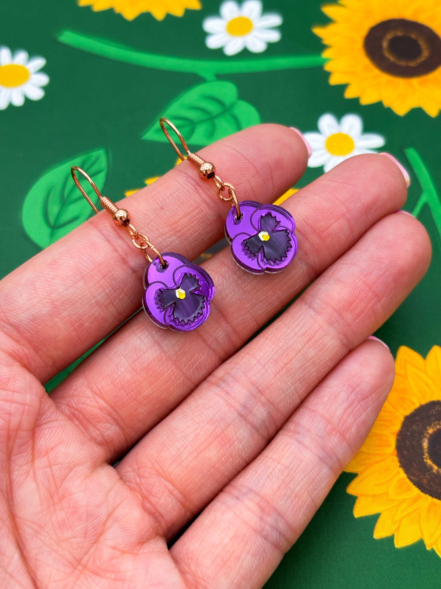 Small Purple Mirror Pansy Dangle Earrings or Necklace – Hypoallergenic Stainless Steel
